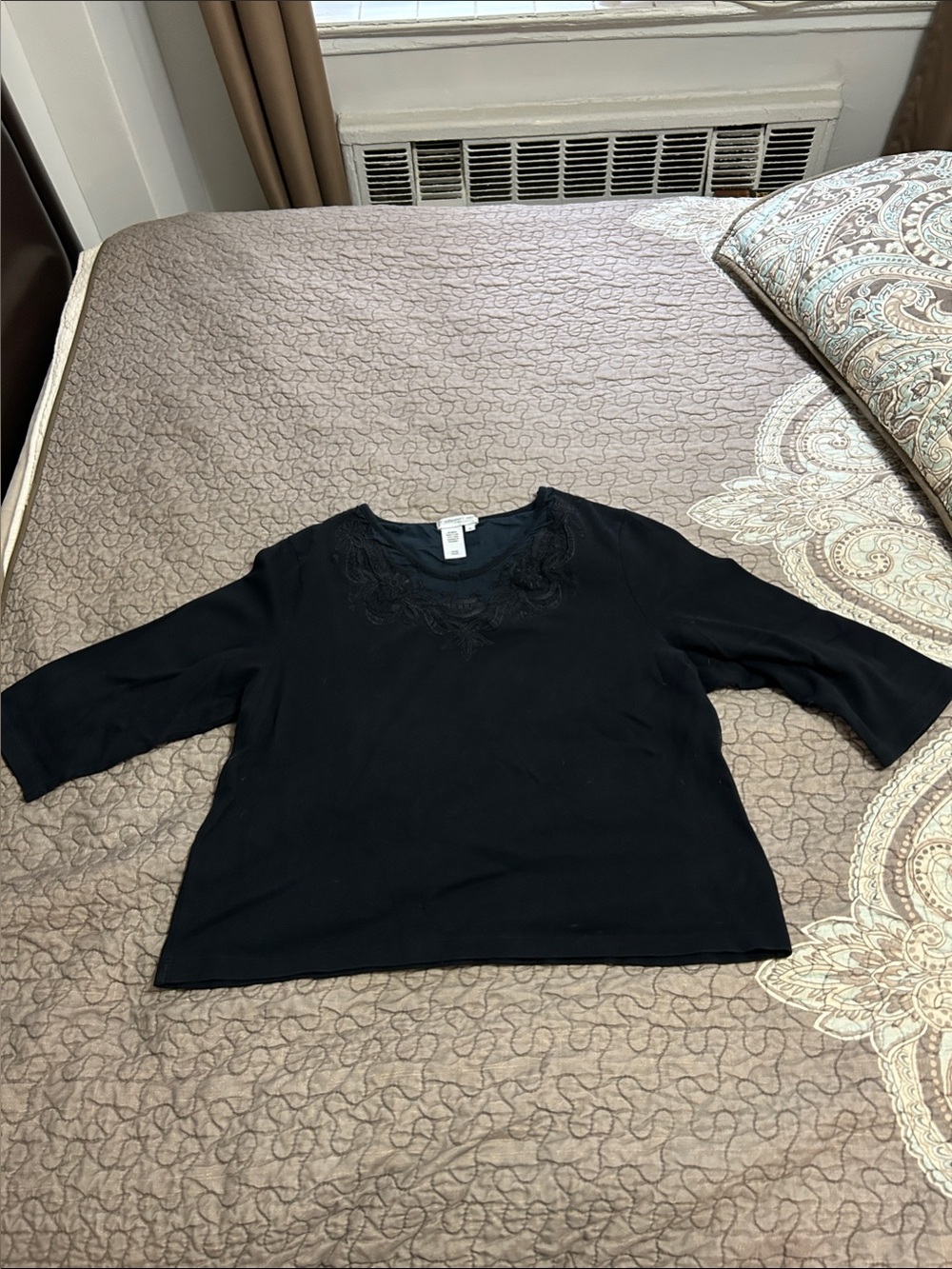 Coldwater Creek Black Scoop Neck Long Sleeve Top with Embroidered Detail